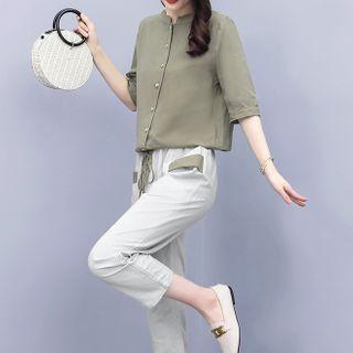 Set: Elbow-sleeve Button-up Blouse + Straight Leg Pants