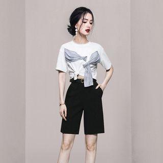 Set: Short-sleeve Contrast Panel T-shirt + Straight Leg Shorts