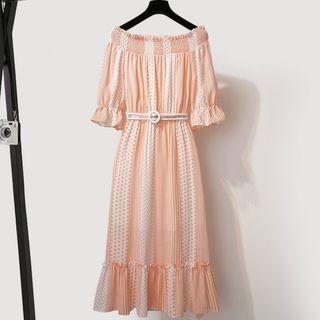 Off-shoulder Striped Polka Dot Dress