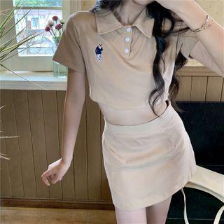 Set: Bear Embroidered Short-sleeve Shirt / Plain A-line Mini Skirt