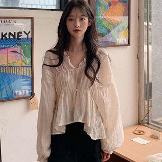 Balloon-sleeve Ruffled Blouse Off-white - One Size
