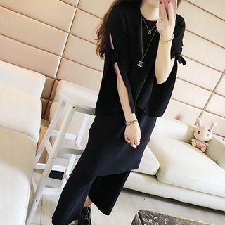 Set: 3/4-sleeve Panel Top + Wide-leg Pants