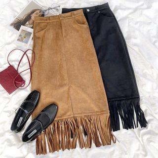 Fringed Hem Pencil Skirt