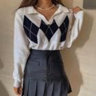 Collared Argyle Cropped Knit Top