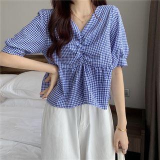 V-neck Plaid Puff-sleeve Cropped Top