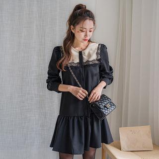 Color-block Lace-trim Ruffle-hem Dress