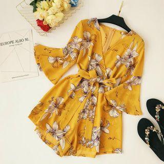 V-neck Flared-cuff Playsuit