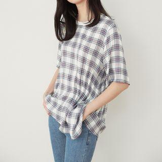 Shirred-trim Checked Top