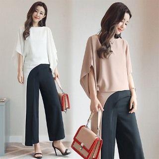 Set: Plain Chiffon Top + Panel Wide-leg Pants