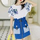 Short-sleeve Print T-shirt / Buckled Mini A-line Skirt