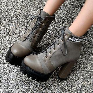 Lettering Platform Block Heel Short Boots