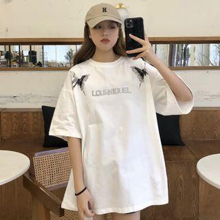 Butterfly-print Lettering Short-sleeve T-shirt