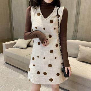 Set: Turtleneck Plain Top + Sleeveless V-neck Dotted Dress