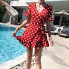 Short-sleeve Dotted Wrap-front A-line Dress