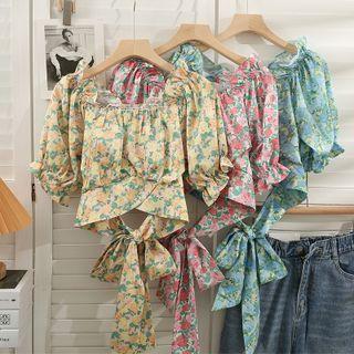 Floral Ruffle Lace-up Blouse