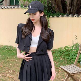 V-neck Plain Cropped Blazer / High-waist Plain Drawstring Pleated Mini Skirt