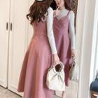 Plain Long-sleeve T-shirt / V-neck Spaghetti Strap A-line Dress / Set