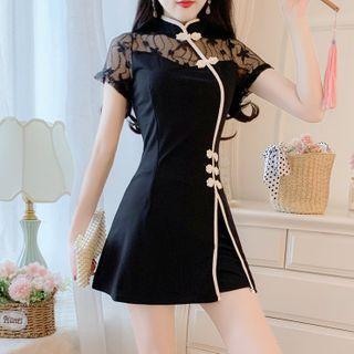 Set: Short-sleeve Mesh Panel Mini Qipao + Shorts