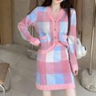 Set: Checker Print Cardigan +knit Skirt Cardigan - Pink & White & Blue - One Size / Skirt - Pink & White & Blue - One Size