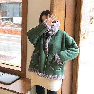Buckled-neck Faux-shearling Jacket Khaki - One Size