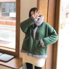 Buckled-neck Faux-shearling Jacket Khaki - One Size