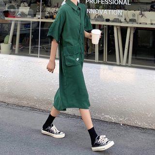 Elbow-sleeve Plain Loose-fit Midi Dress