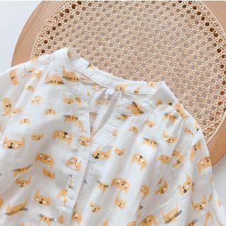 Elbow-sleeve Cat Print Blouse White - One Size