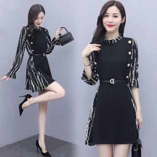 Mock Two-piece Puff-sleeve Print Panel Dress