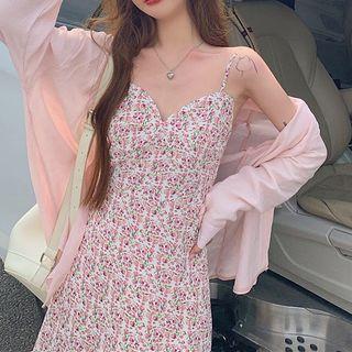 Spaghetti Strap Floral Midi A-line Dress / Plain Shirt