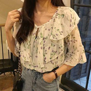 Elbow-sleeve Ruffled Floral Chiffon Blouse