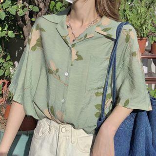 Elbow-sleeve Floral Print Shirt Mint Green - One Size