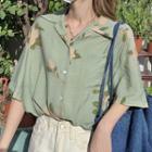 Elbow-sleeve Floral Print Shirt Mint Green - One Size