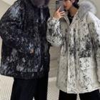 Couple Matching Color Splash Furry Trim Hooded Padded Jacket