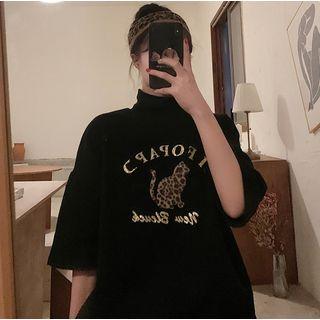 Stand-collar Loose-fit Printed T-shirt