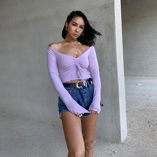 V-neck Plain Pleated Bow Cropped Top