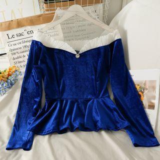 Mesh-panel Velvet Peplum Top In 5 Colors