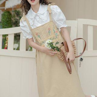 Puff-sleeve Ruffled Blouse / Floral Embroidered Midi Overall Dress