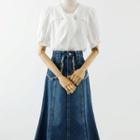 Fringed Trim Denim Midi A-line Skirt / Short-sleeve Bow Accent Blouse