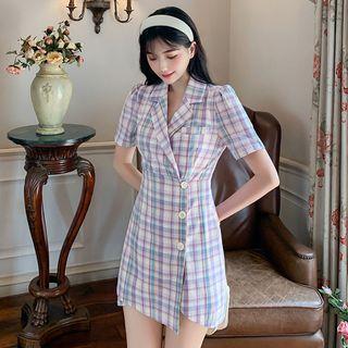 Short-sleeve Plaid Open-collar A-line Mini Dress
