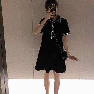Collared Faux Pearl Short-sleeve A-line Dress