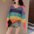 Long-sleeve Striped Knit Top Rainbow - One Size