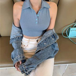 Collar Crop Tank Top Ash Blue - One Size