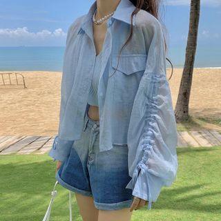 Long-sleeve Plain Drawstring Cropped Light Shirt
