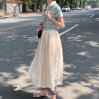 Stripped Cropped Polo Shirt / Plain Midi A-line Skirt