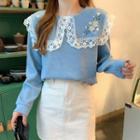 Lace Trim Flower Embroidered Pullover
