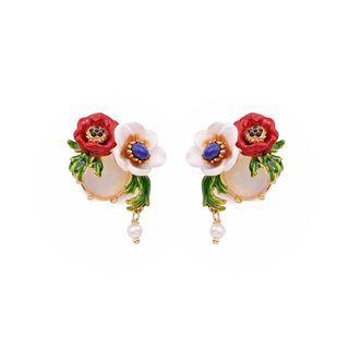 Fashion And Elegant Plated Gold Enamel Double Flower Cubic Zirconia Tassel Earrings Golden - One Size