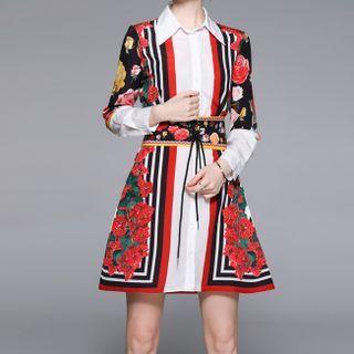 Long-sleeve Floral Print Tie-waist Mini A-line Shirtdress