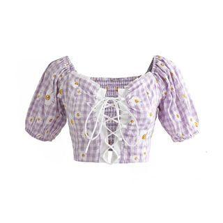 Puff-sleeve Gingham Floral Cropped Blouse