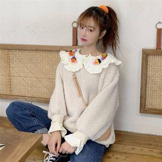 Peter Pan Collar Frill Trim Shearling Sweatshirt Almond - One Size