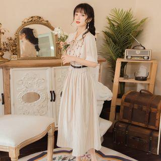 Set: Short-sleeve Embroidered Shirt + Striped A-line Midi Skirt